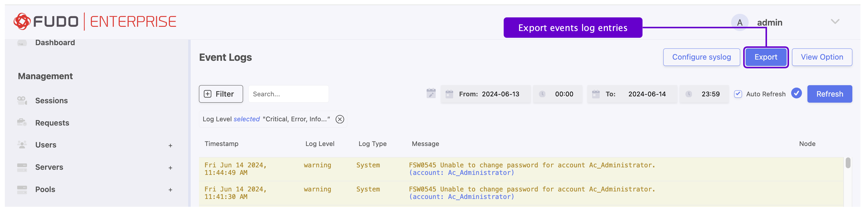 Events Log — Fudo Enterprise 6.0 - System Documentation