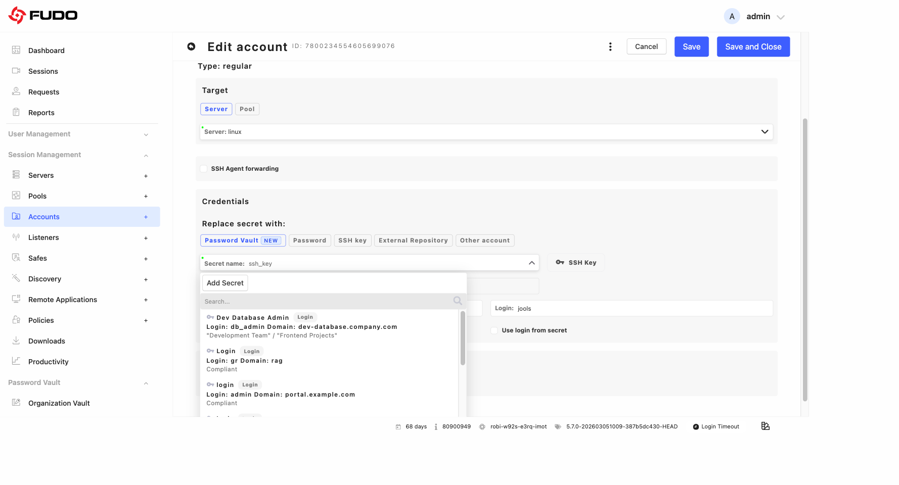 Account Selection Assigning Password Vault Secrets to Accounts — Fudo Enterprise 6.0 ...